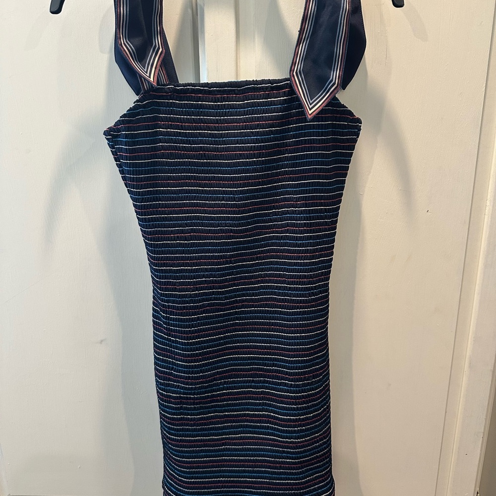 Boutique Navy Striped Sheath Dress with Ties